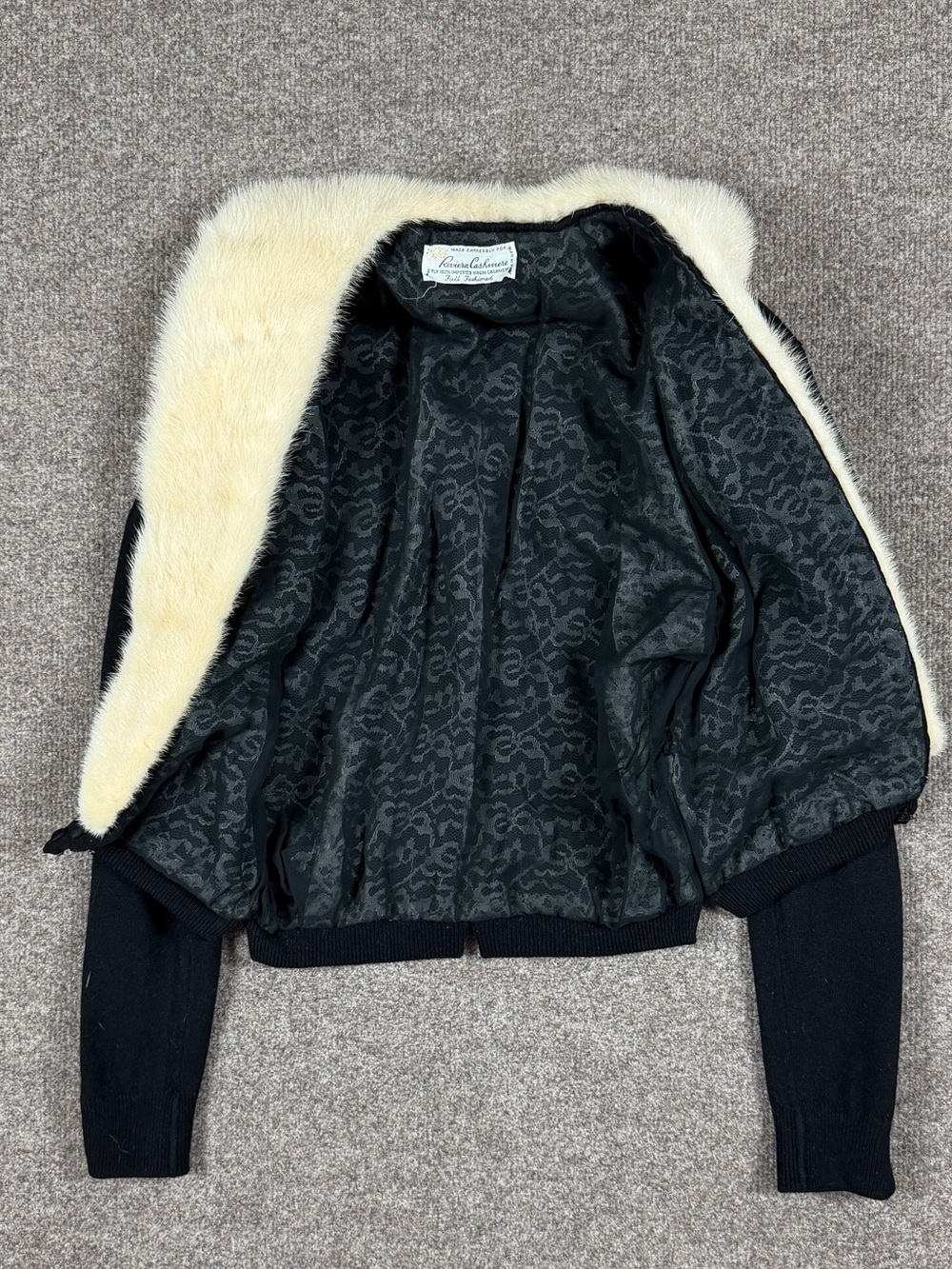 Vintage Black Cashmere Cropped Cardigan Sweater Women’s Small Mink Fur Collar - Picture 4 of 9